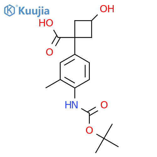 1-(4-{(tert-butoxy)carbonylamino}-3-methylphenyl)-3-hydroxycyclobutane-1-carboxylic acid structure
