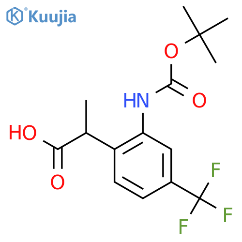 2-(2-{(tert-butoxy)carbonylamino}-4-(trifluoromethyl)phenyl)propanoic acid structure