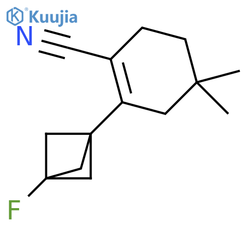 2-(3-fluoro-1-bicyclo[1.1.1]pentanyl)-4,4-dimethyl-cyclohexene-1-carbonitrile structure