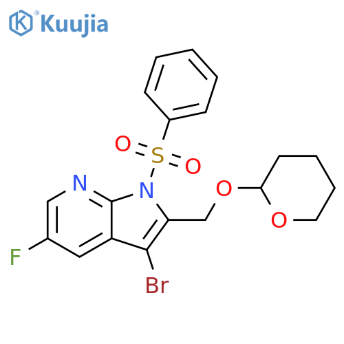 1-(benzenesulfonyl)-3-bromo-5-fluoro-2-[(oxan-2-yloxy)methyl]-1H-pyrrolo[2,3-b]pyridine structure