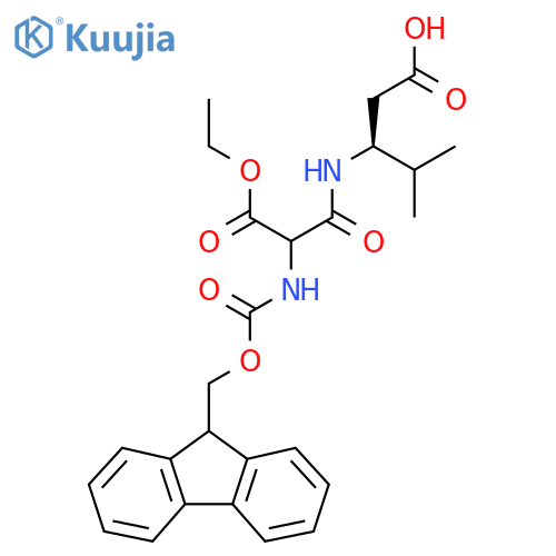 (3S)-3-2-(ethyl carboxy)-2-({(9H-fluoren-9-yl)methoxycarbonyl}amino)acetamido-4-methylpentanoic acid structure