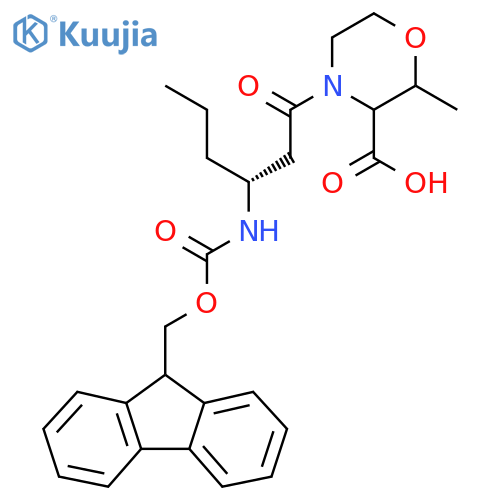 4-(3R)-3-({(9H-fluoren-9-yl)methoxycarbonyl}amino)hexanoyl-2-methylmorpholine-3-carboxylic acid structure