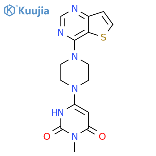 3-methyl-6-(4-{thieno3,2-dpyrimidin-4-yl}piperazin-1-yl)-1,2,3,4-tetrahydropyrimidine-2,4-dione structure