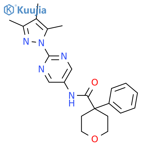 4-phenyl-N-(2-(3,4,5-trimethyl-1H-pyrazol-1-yl)pyrimidin-5-yl)tetrahydro-2H-pyran-4-carboxamide structure