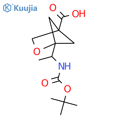 1-(1-{[(Tert-butoxy)carbonyl]amino}ethyl)-2-oxabicyclo[2.1.1]hexane-4-carboxylic acid structure