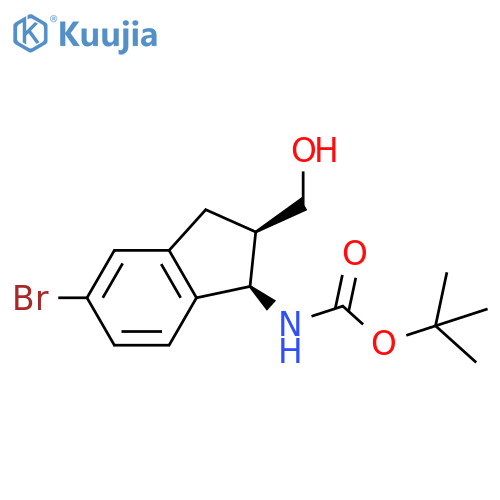 rac-tert-butyl N-(1R,2R)-5-bromo-2-(hydroxymethyl)-2,3-dihydro-1H-inden-1-ylcarbamate structure