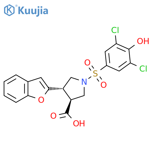 (3S,4S)-4-(1-Benzofuran-2-yl)-1-(3,5-dichloro-4-hydroxyphenyl)sulfonylpyrrolidine-3-carboxylic acid structure