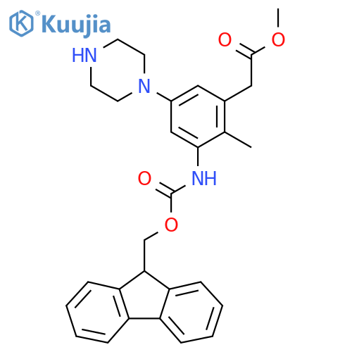 methyl 2-3-({(9H-fluoren-9-yl)methoxycarbonyl}amino)-2-methyl-5-(piperazin-1-yl)phenylacetate structure