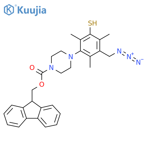 (9H-fluoren-9-yl)methyl 4-3-(azidomethyl)-2,4,6-trimethyl-5-sulfanylphenylpiperazine-1-carboxylate structure