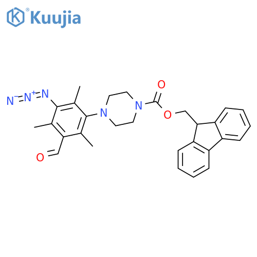 (9H-fluoren-9-yl)methyl 4-(3-azido-5-formyl-2,4,6-trimethylphenyl)piperazine-1-carboxylate structure