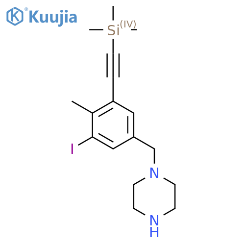 1-({3-Iodo-4-methyl-5-[2-(trimethylsilyl)ethynyl]phenyl}methyl)piperazine structure