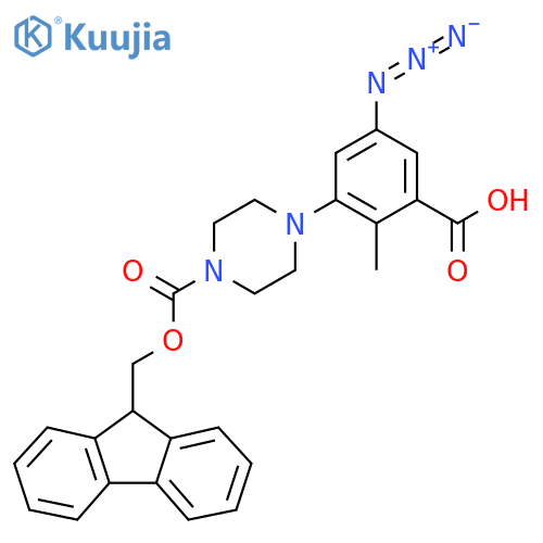 5-azido-3-(4-{(9H-fluoren-9-yl)methoxycarbonyl}piperazin-1-yl)-2-methylbenzoic acid structure