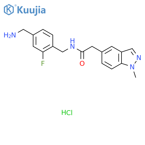 N-[[4-(Aminomethyl)-2-fluorophenyl]methyl]-2-(1-methylindazol-5-yl)acetamide;hydrochloride structure