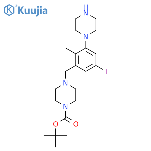 Tert-butyl 4-{[5-iodo-2-methyl-3-(piperazin-1-yl)phenyl]methyl}piperazine-1-carboxylate structure
