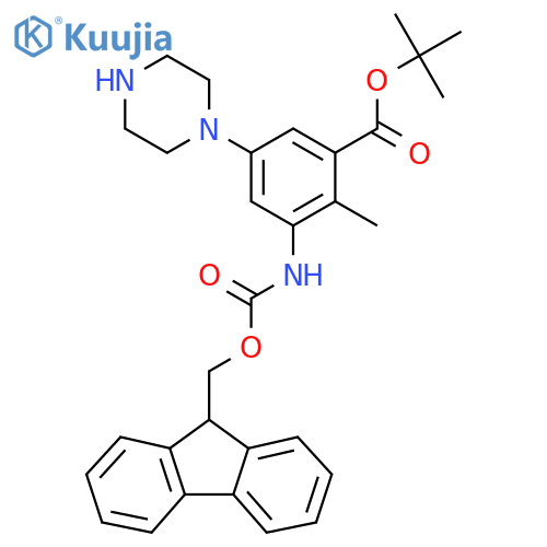 tert-butyl 3-({(9H-fluoren-9-yl)methoxycarbonyl}amino)-2-methyl-5-(piperazin-1-yl)benzoate structure