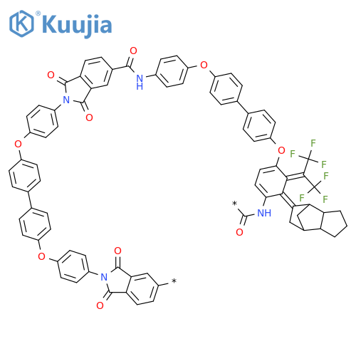 Poly[(1,3-dihydro-1,3-dioxo-2H-isoindole-5,2-diyl)-1,4-phenyleneoxy-1,4-phenylene(octahydro-4,7-methano-5H-inden-5-ylidene)-1,4-phenyleneoxy-1,4-phenylene(1,3-dihydro-1,3-dioxo-2H-isoindole-2,5-diyl)carbonylimino-1,4-phenyleneoxy-1,4-phenylene[2,2,2-trifluoro-1-(trifluoromethyl)ethylidene]-1,4-phenyleneoxy-1,4-phenyleneiminocarbonyl] structure