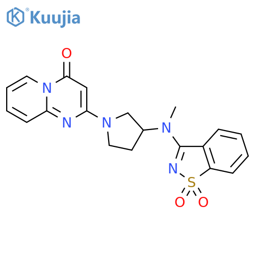 3-[methyl(1-{4-oxo-4H-pyrido[1,2-a]pyrimidin-2-yl}pyrrolidin-3-yl)amino]-1,2-benzothiazole-1,1-dione structure