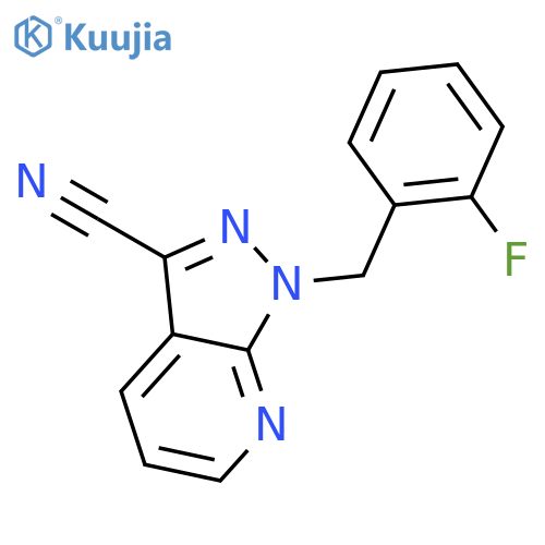 1-[(2-fluorophenyl)methyl]-1H-pyrazolo[3,4-b]pyridine-3-carbonitrile structure