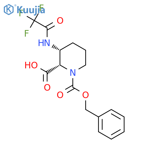 rac-(2R,3S)-1-[(benzyloxy)carbonyl]-3-(2,2,2-trifluoroacetamido)piperidine-2-carboxylic acid structure