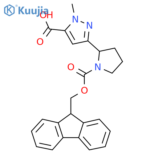 3-(1-{(9H-fluoren-9-yl)methoxycarbonyl}pyrrolidin-2-yl)-1-methyl-1H-pyrazole-5-carboxylic acid structure