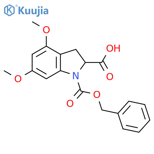 1-[(benzyloxy)carbonyl]-4,6-dimethoxy-2,3-dihydro-1H-indole-2-carboxylic acid structure