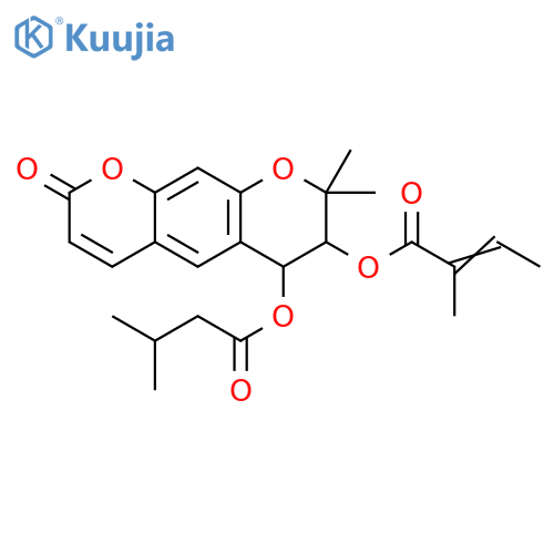 2-Butenoic acid, 2-methyl-, 7,8-dihydro-8,8-dimethyl-6-(3-methyl-1-oxobutoxy)-2-oxo-2H,6H-benzo[1,2-b:5,4-b']dipyran-7-yl ester structure