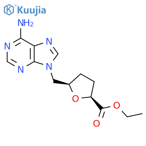 rac-ethyl (2R,5S)-5-[(6-amino-9H-purin-9-yl)methyl]oxolane-2-carboxylate structure