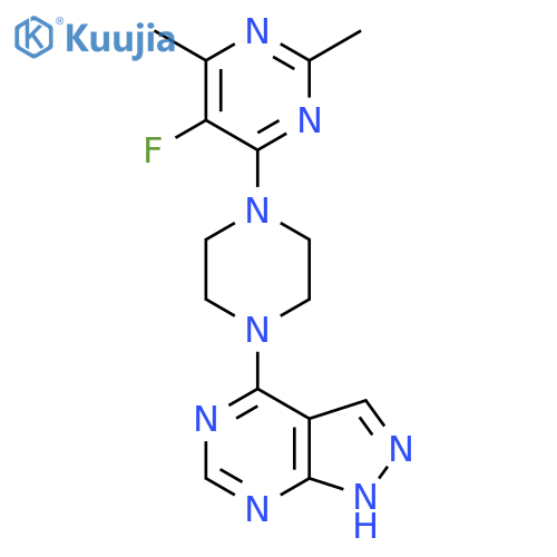 5-fluoro-2,4-dimethyl-6-(4-{1H-pyrazolo[3,4-d]pyrimidin-4-yl}piperazin-1-yl)pyrimidine structure