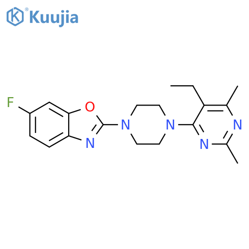 2-[4-(5-ethyl-2,6-dimethylpyrimidin-4-yl)piperazin-1-yl]-6-fluoro-1,3-benzoxazole structure