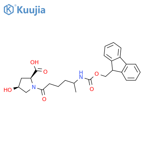 (2S,4S)-1-5-({(9H-fluoren-9-yl)methoxycarbonyl}amino)hexanoyl-4-hydroxypyrrolidine-2-carboxylic acid structure
