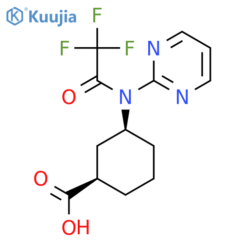 rac-(1R,3S)-3-[2,2,2-trifluoro-N-(pyrimidin-2-yl)acetamido]cyclohexane-1-carboxylic acid structure