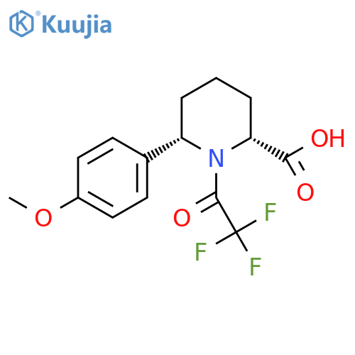 rac-(2R,6S)-6-(4-methoxyphenyl)-1-(2,2,2-trifluoroacetyl)piperidine-2-carboxylic acid structure