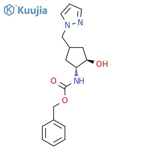 rac-benzyl N-(1R,2R)-2-hydroxy-4-(1H-pyrazol-1-yl)methylcyclopentylcarbamate structure