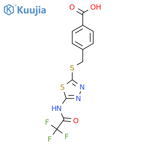 4-({5-(2,2,2-trifluoroacetamido)-1,3,4-thiadiazol-2-ylsulfanyl}methyl)benzoic acid structure