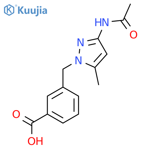 3-[(3-acetamido-5-methyl-1H-pyrazol-1-yl)methyl]benzoic acid structure