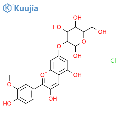 (2R,3R,4S,5R,6R)-3-[3,5-dihydroxy-2-(4-hydroxy-3-methoxy-phenyl)chromen-7-yl]oxy-6-(hydroxymethyl)oxane-2,4,5-triol chloride structure