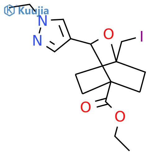 ethyl 3-(1-ethyl-1H-pyrazol-4-yl)-1-(iodomethyl)-2-oxabicyclo2.2.2octane-4-carboxylate structure
