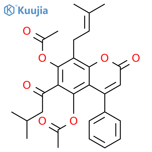 2H-1-BENZOPYRAN-2-ONE, 5,7-BIS(ACETYLOXY)-8-(3-METHYL-2-BUTENYL)-6-(3-METHYL-1-OXOBUTYL)-4-PHENYL- structure