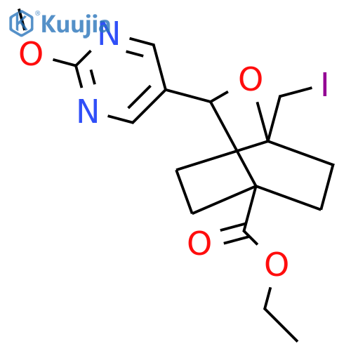 Ethyl 1-(iodomethyl)-3-(2-methoxypyrimidin-5-yl)-2-oxabicyclo[2.2.2]octane-4-carboxylate structure