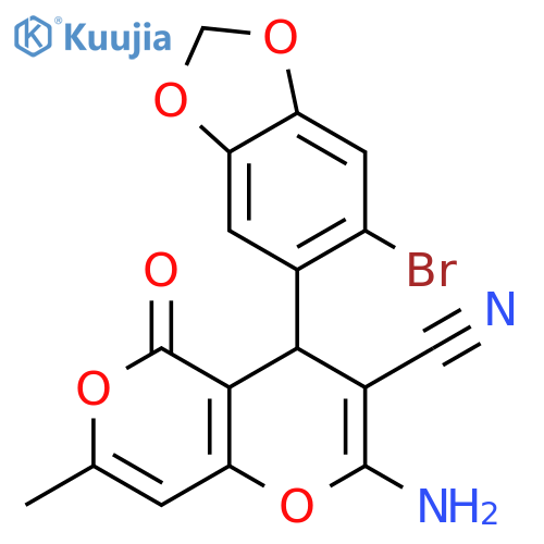 2-amino-4-(6-bromo-2H-1,3-benzodioxol-5-yl)-7-methyl-5-oxo-4H,5H-pyrano3,2-cpyran-3-carbonitrile structure