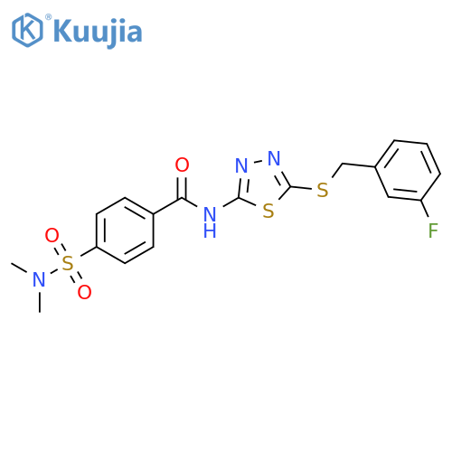 4-(dimethylsulfamoyl)-N-(5-{(3-fluorophenyl)methylsulfanyl}-1,3,4-thiadiazol-2-yl)benzamide structure