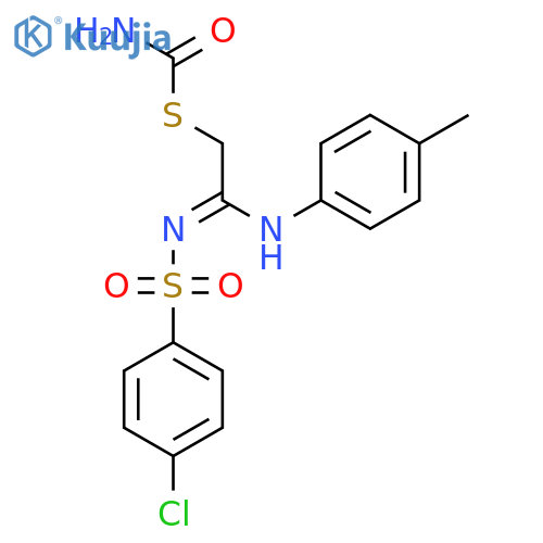 (Z)-2-(carbamoylsulfanyl)-N'-(4-chlorobenzenesulfonyl)-N-(4-methylphenyl)ethanimidamide structure