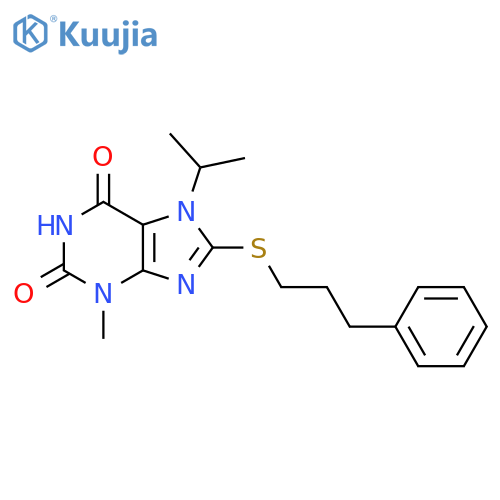 3-methyl-8-(3-phenylpropyl)sulfanyl-7-(propan-2-yl)-2,3,6,7-tetrahydro-1H-purine-2,6-dione structure