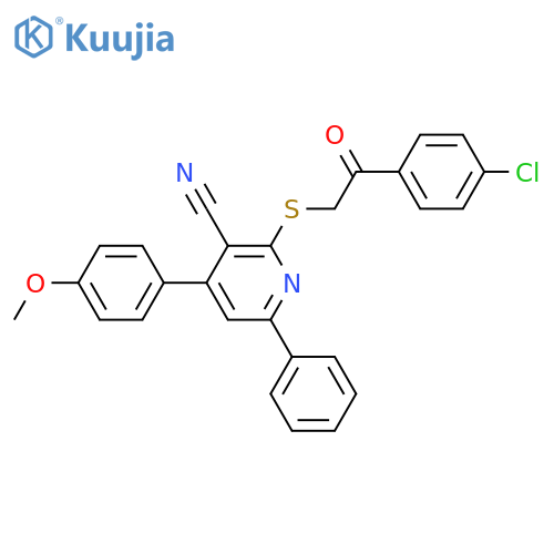 <br>2-((2-(4-chlorophenyl)-2-oxoethyl)thio)-4-(4-methoxyphenyl)-6-phenylnicotin onitrile structure