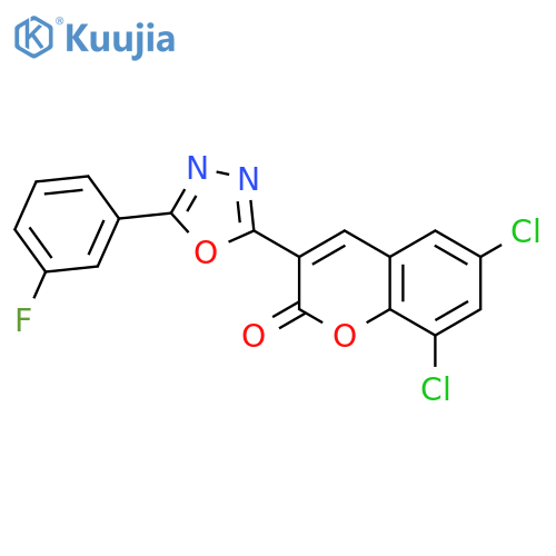 6,8-dichloro-3-5-(3-fluorophenyl)-1,3,4-oxadiazol-2-yl-2H-chromen-2-one structure