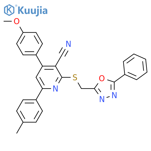 <br>4-(4-Methoxy-phenyl)-2-(5-phenyl-[1,3,4]oxadiazol-2-ylmethylsulfanyl)-6-p-t olyl-nicotinonitrile structure
