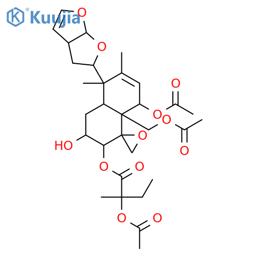 (1R,2S,3R,4aR,5R,8S,8aR)-8-(acetyloxy)-8a-[(acetyloxy)methyl]-3-hydroxy-5,6-dimethyl-5-[(2S,3aS,6aS)-2,3,3a,6a-tetrahydrofuro[2,3-b]furan-2-yl]-3,4,4a,5,8,8a-hexahydro-2H-spiro[naphthalene-1,2'-oxiran]-2-yl (2R)-2-(acetyloxy)-2-methylbutanoate structure