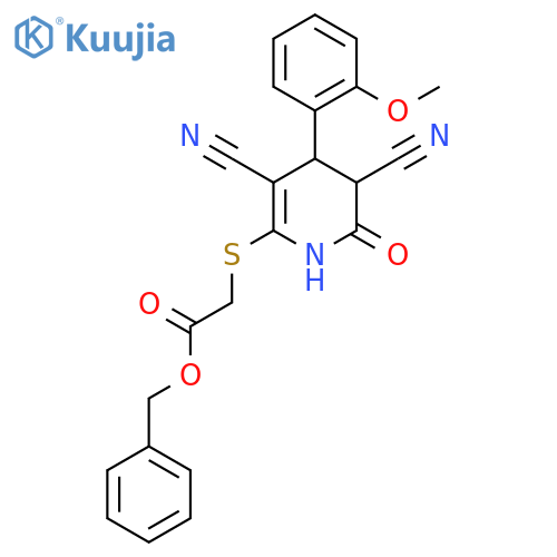 benzyl 2-{3,5-dicyano-4-(2-methoxyphenyl)-6-oxo-1,4,5,6-tetrahydropyridin-2-ylsulfanyl}acetate structure