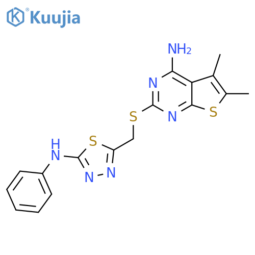 5-({4-amino-5,6-dimethylthieno2,3-dpyrimidin-2-yl}sulfanyl)methyl-N-phenyl-1,3,4-thiadiazol-2-amine structure