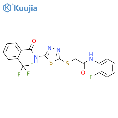 N-5-({(2-fluorophenyl)carbamoylmethyl}sulfanyl)-1,3,4-thiadiazol-2-yl-2-(trifluoromethyl)benzamide structure